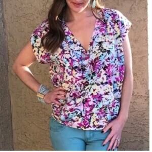Cabi Eden Floral Faux Wrap V-Neck Blouse - Size M